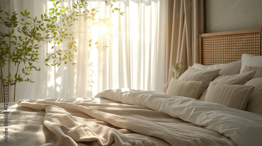 Serene bedroom ambiance with plush pillows and sunlight filtering through - obrazy, fototapety, plakaty 