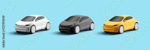 Set of modern 3d render car models, simplified shapes, big wheels, new generation car, yellow black and white colors