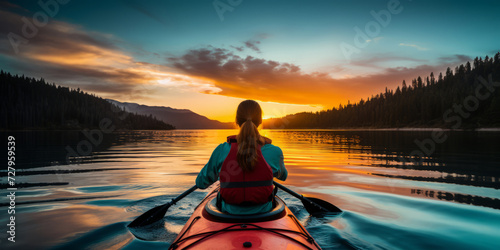 Solo kayaker enjoying sunset on serene lake surrounded by forest © Robert Kneschke