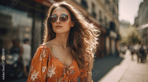 Elegant Woman in Sunglasses Enjoying Sunny City Street