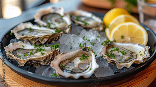A plate of freshly shucked oysters, with ice and lemon wedges on the side. photo