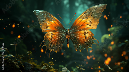 Beautiful butterfly gracefully flies through the air, gliding above a dense forest canopy