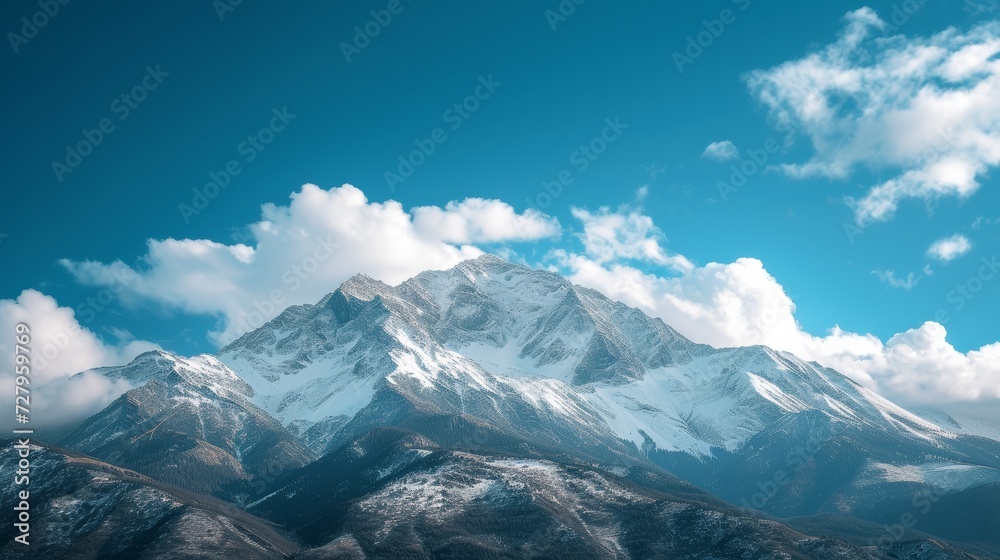 Majestic mountains capped with snow, under a clear blue sky with soft, white clouds.