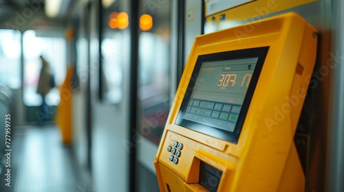 Bright yellow payment terminal on public transport with a sharp focus photo