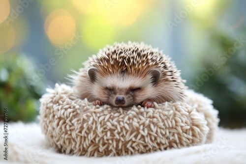 Small, chubby hedgehog curled into a prickly ball, taking a cozy nap.