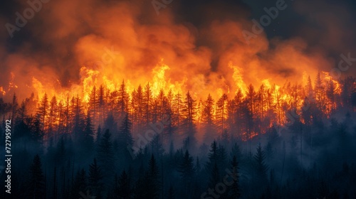 Wildfire Inferno: A raging wildfire engulfs forests, releasing clouds of smoke and ash into the sky. © yganko