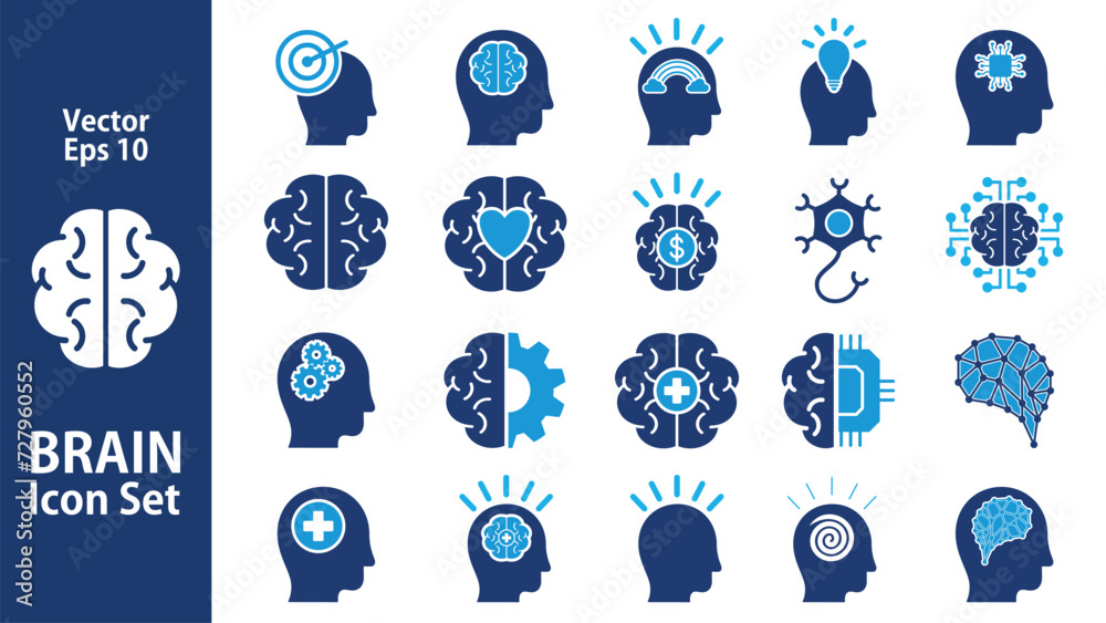 Brain icons collection, Contains mind, cognition, thinking and artificial intelligence vector design illustrations in a solid trendy style Brain icons collection, Contains mind, cognition, thinking and artificial intelligence vector design illustrations in a solid trendy style