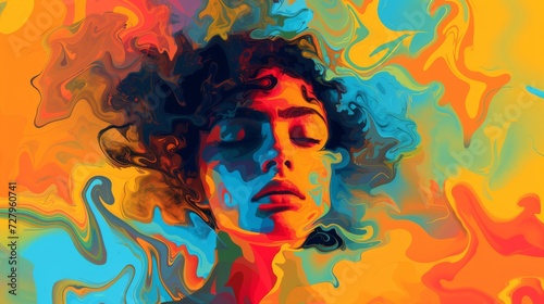 A stylized portrait of a person with a colorful abstract background.