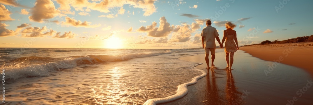 Couple Walking on Beach at Sunset