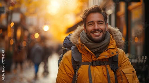 Winter Joy in the City: Smiling Man with Backpack