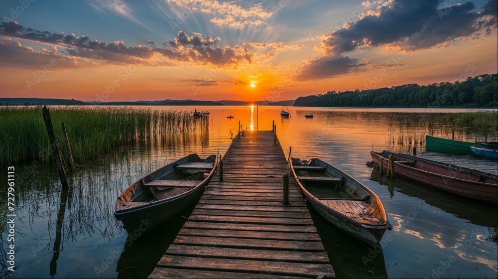 sunset over a pier on with boats on a lake