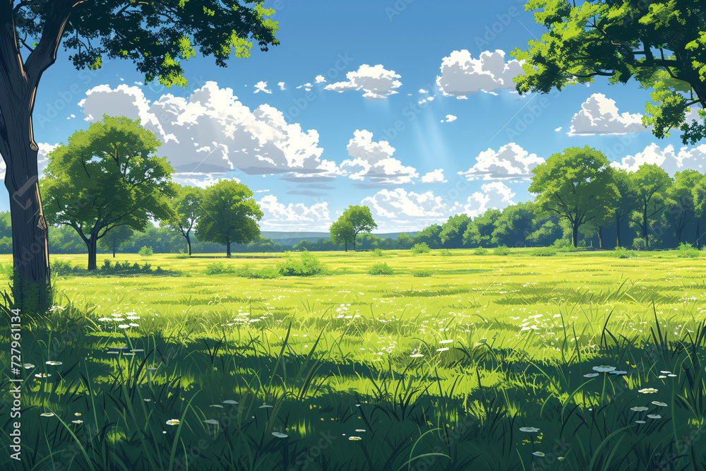 Fototapeta premium Sunny glade with dappled light through green trees and blue sky