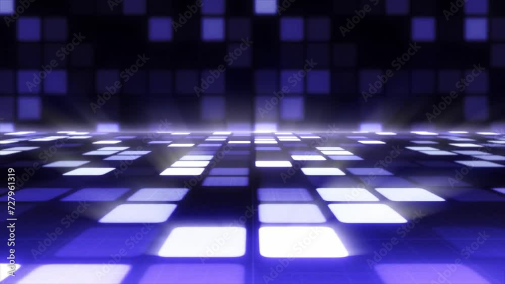 Abstract blue neon glowing square with rays lights, stage video background 4k. Modern colorful lighting, retro futuristic background video