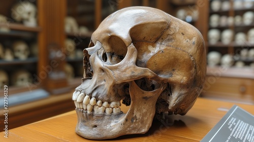 Detailed human skull displayed in a historical collection. photo