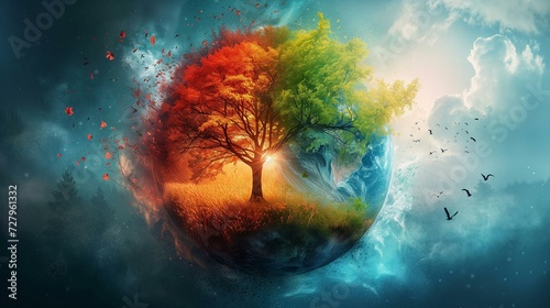 Artistic representation of a tree depicting four seasons in a surreal landscape.
