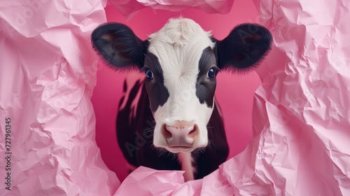 Funny cow peeks out through hole in the paper pink background, surprised wonder, creative minimal concept. Сow amazed for sale, poster, shopping, advert, veterinary clinic. photo