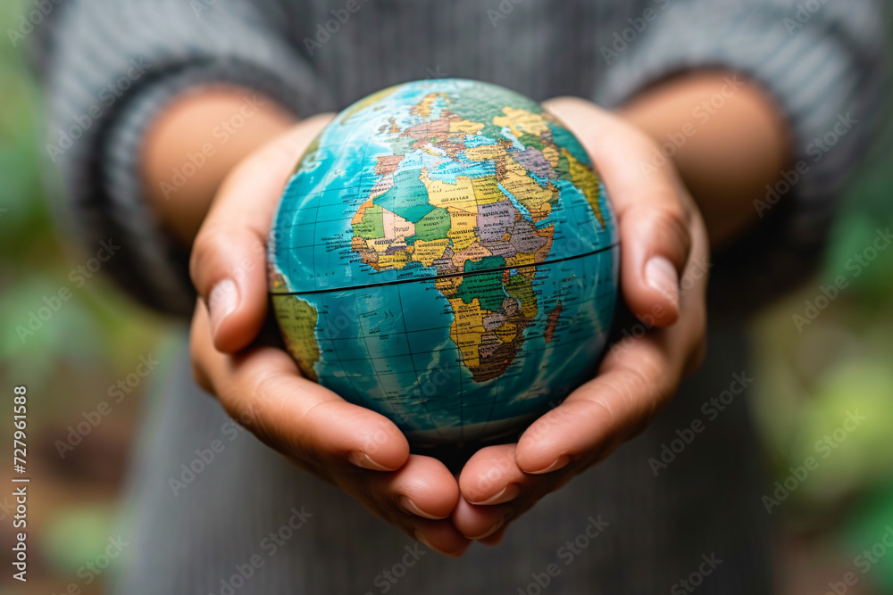 Close-up of hands holding a small globe showing Africa and Europe Close-up of hands holding a small globe showing Africa and Europe