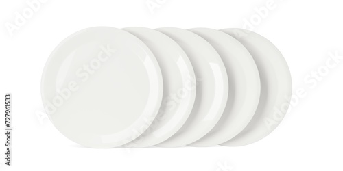 Group of five white porcelain plates standing on white background