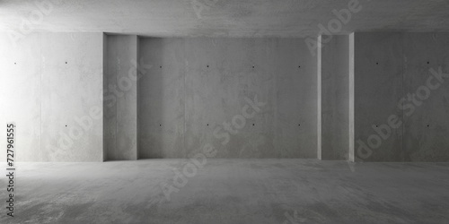 Abstract empty, modern concrete room with double recess or niche with side light and rough floor - industrial interior background template
