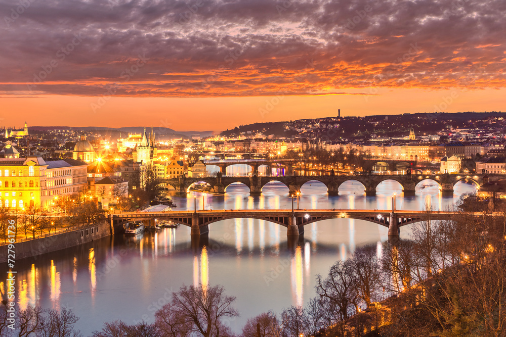 Bridges panorama with Charles Bridge and Vltava river at amazing sunset, Prague, Czech Republic 