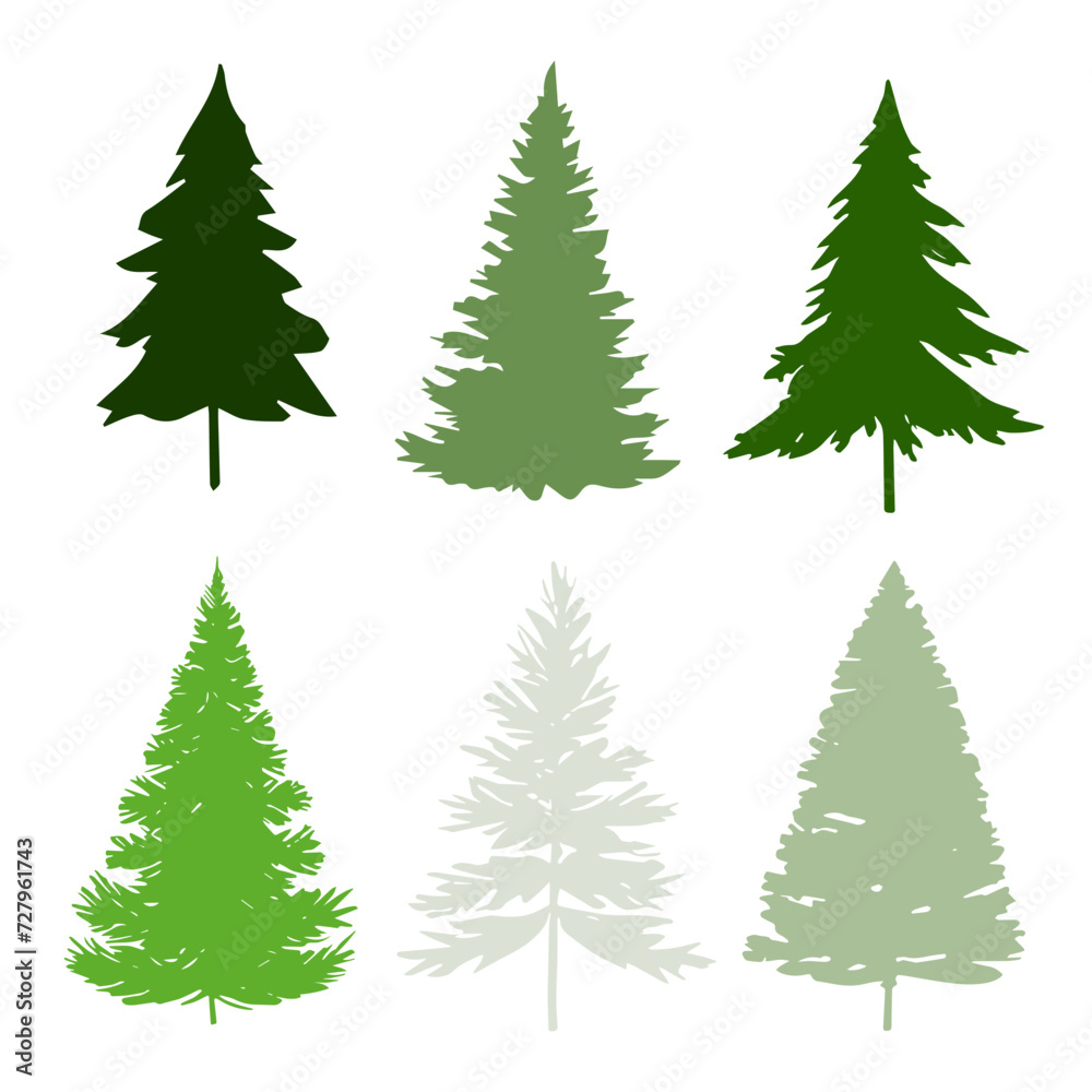 Green Christmas tree silhouette set isolated on white.