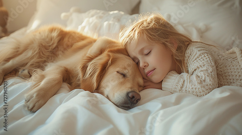 dolce bambino che dorme abbracciato al suo cane tra le candide coperte bianche del suo letto photo