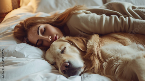 donna che dorme abbracciato al suo golden retriever tra le candide coperte bianche del suo letto