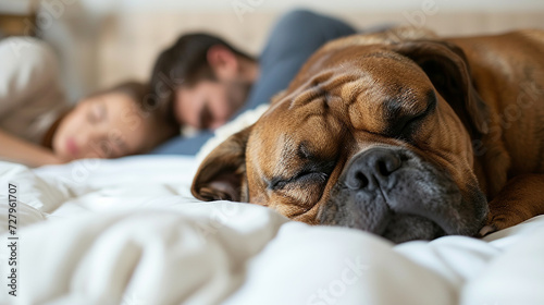 coppia e grande cane che dormono insieme nel letto bianco di casa, situazione divertente