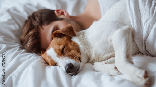 giovane uomo che dorme sereno con il suo grosso cane in un letto bianco photo