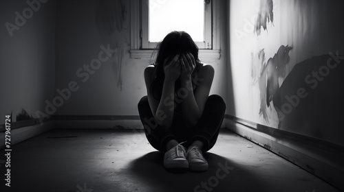 Depressed woman sitting alone on the floor with head in hands, black and white photo