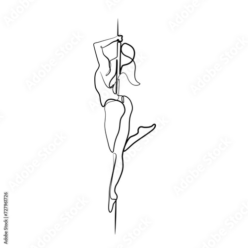 Pole dancer continuous line drawing, tattoo, dancing girl beautiful female abstract silhouette, print for clothes and logo design, silhouette on black background, isolated vector illustration.