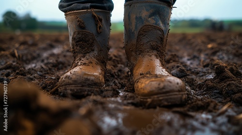 Experience the gritty texture of farm life with close-up of muddy boots on soil