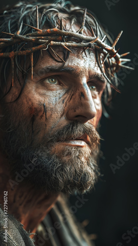 cara de Jesucristo ensangrentada con corona de espinas, sobre fondo negro, concepto semana santa