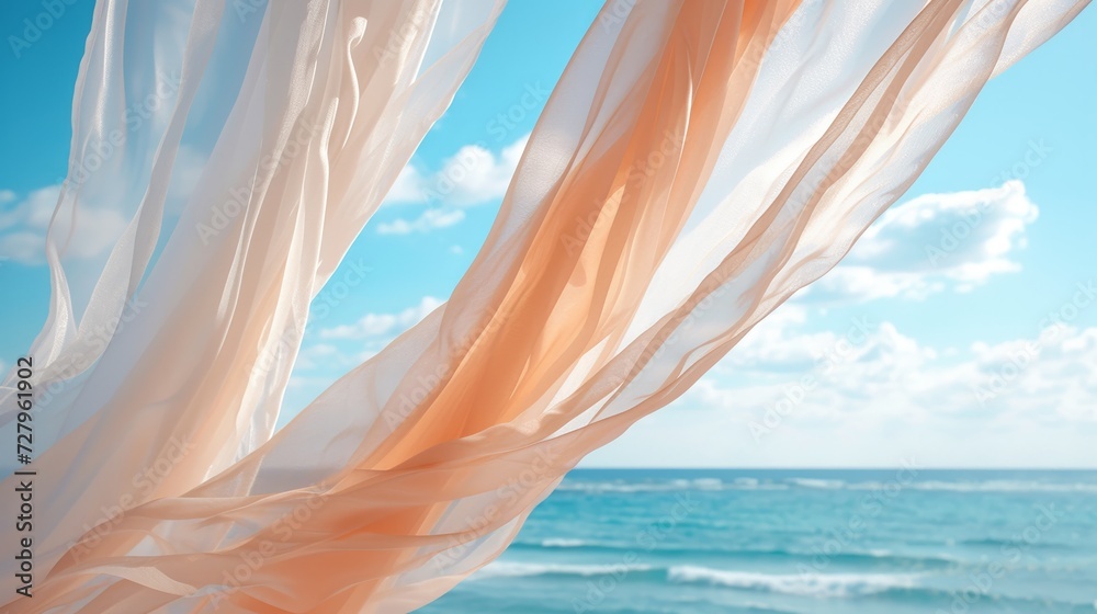 Serene ocean view framed by fluttering white and peach drapes in a tranquil setting - obrazy, fototapety, plakaty 