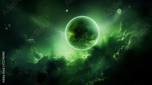 Mystical green planet surrounded by space nebulas and stars