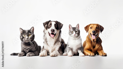 Two cats and two dogs sitting together on white background