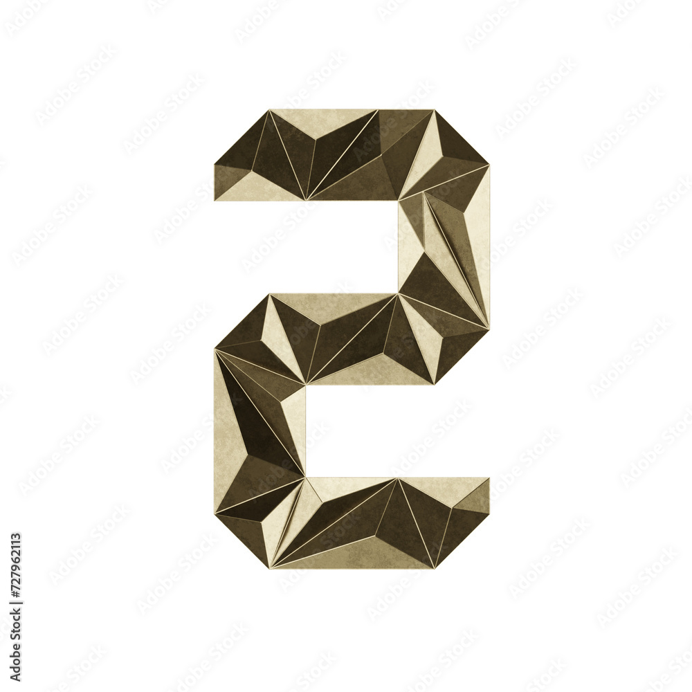 Low Poly 3D Number 2 in Gold Metal Low Poly 3D Number 2 in Gold Metal
