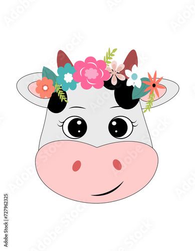 Fototapeta Naklejka Na Ścianę i Meble -  cow cartoon, cow cartoon face, cute cartoon cow, cute cow with flowers,