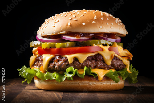 Delicious cheeseburger with lettuce, tomato, and onions on a sesame seed bun