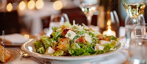 Delicious Caesar Salad Served on a Stylish Table - A Perfect Caesar Salad Serving for an Elegant Dining Experience