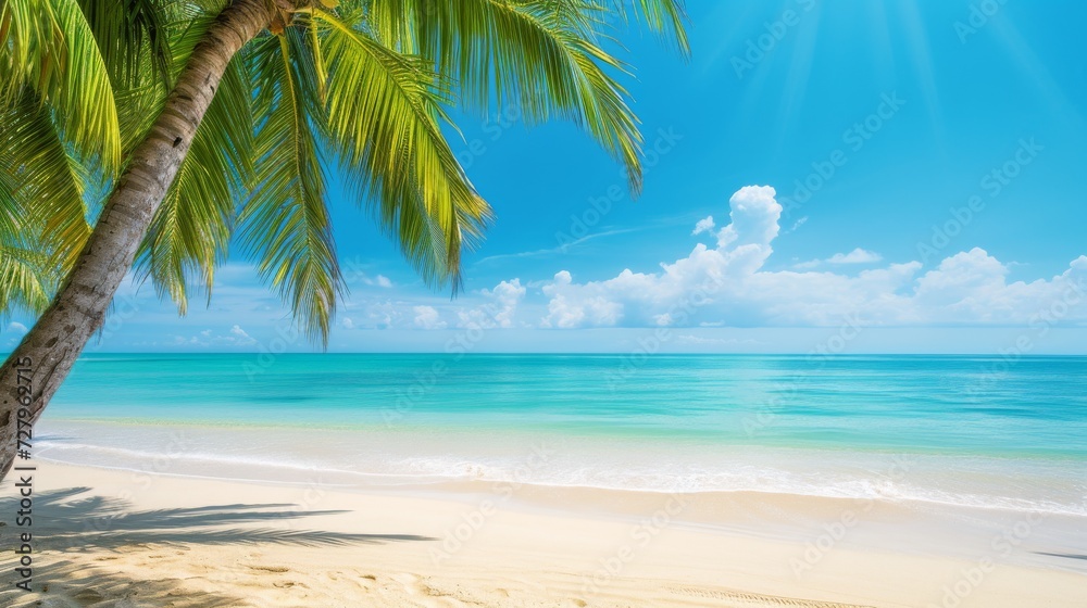 Tropical beach scene with clear blue sky and palm trees for a summer background