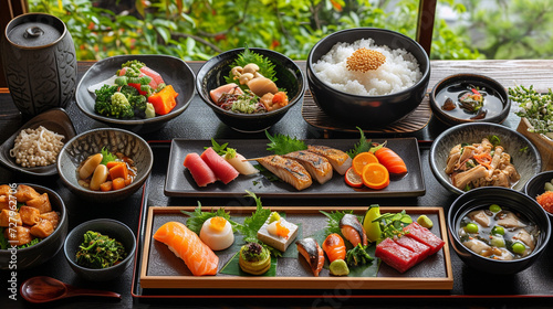 A traditional Japanese kaiseki meal, with multiple small dishes beautifully presented.