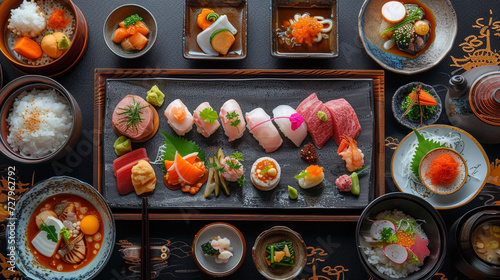 A traditional Japanese kaiseki meal  with multiple small dishes beautifully presented.