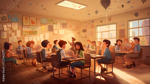 Illustrated cartoon classroom, school classroom, going to school