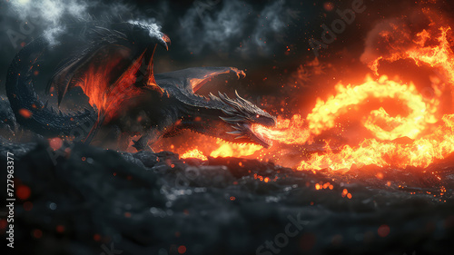 Fire breathes explode from a giant dragon in a black night, the epic battle evil - concept art photo