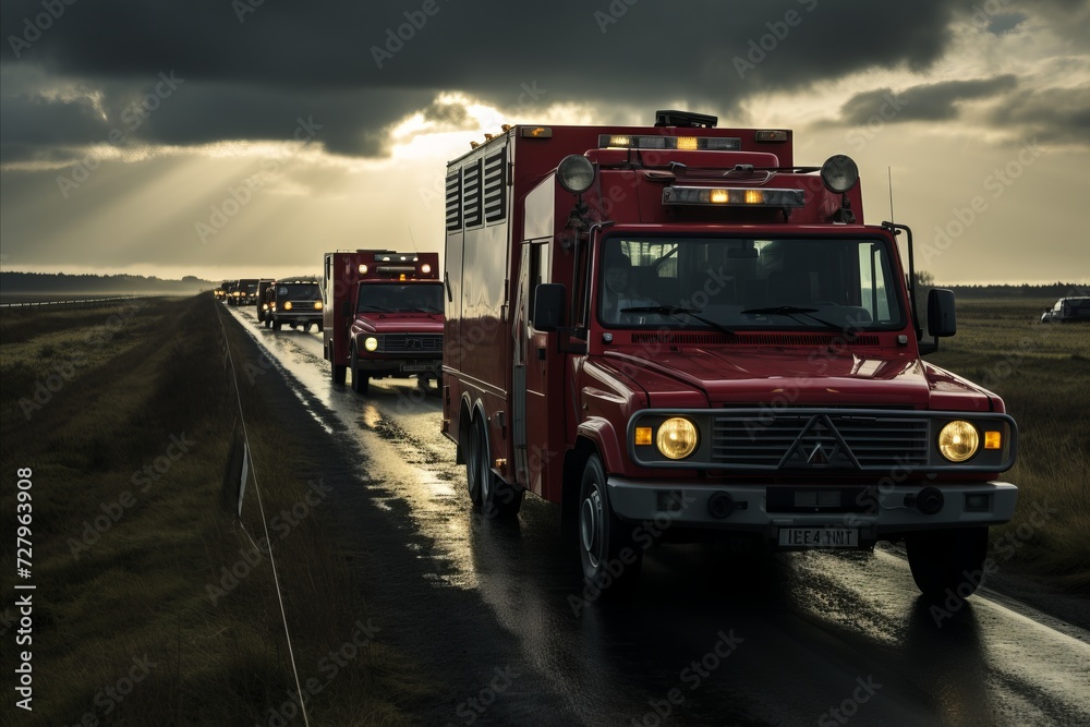 Multiple emergency vehicles on wet road in the evening, responding to an emergency