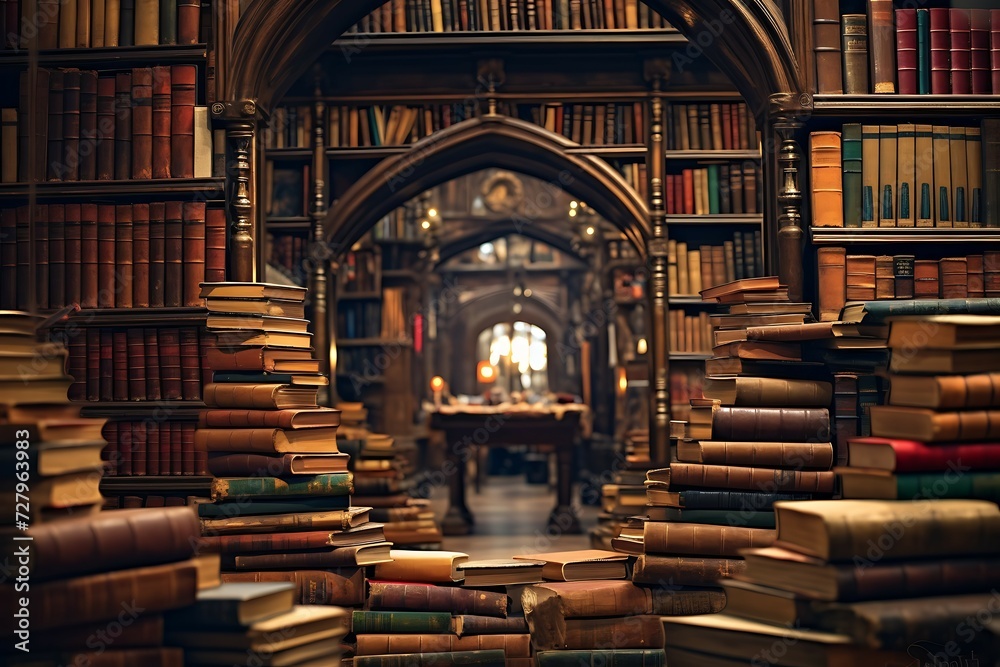 Obraz premium Traditional wooden steps in vintage library. 