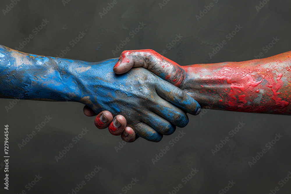Handshake with hands painted in blue and red resembling political unity ...