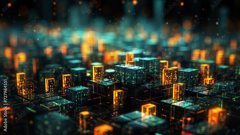Neon Virtual Networks: A Cyber Architecture Background of a City with Many Buildings and Lights and Data Holograms