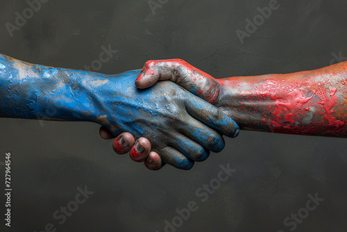Handshake with hands painted in blue and red resembling political unity photo